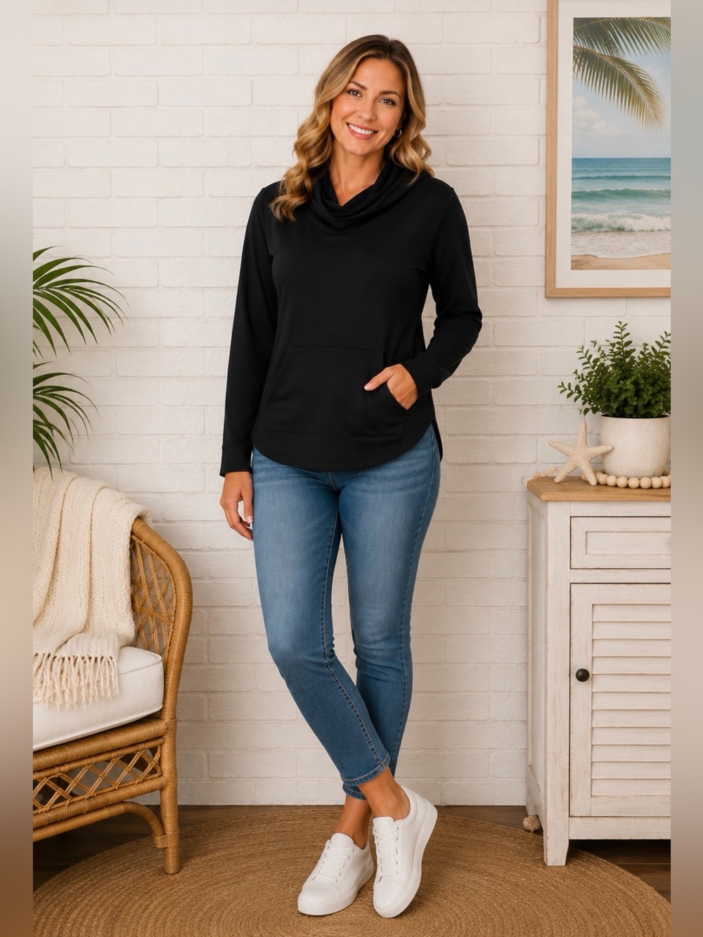 FIFTEEN TWENTY BLACK COWL NECK PULLOVER HOODIE KANGAROO POCKET HI LOW HEM MEDIUM